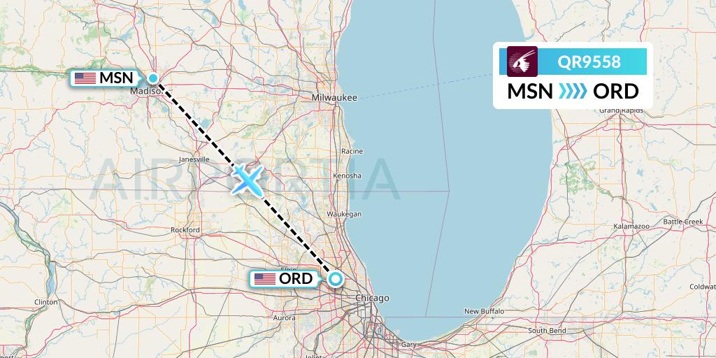 QR9558 Qatar Airways Flight Map: Madison to Chicago