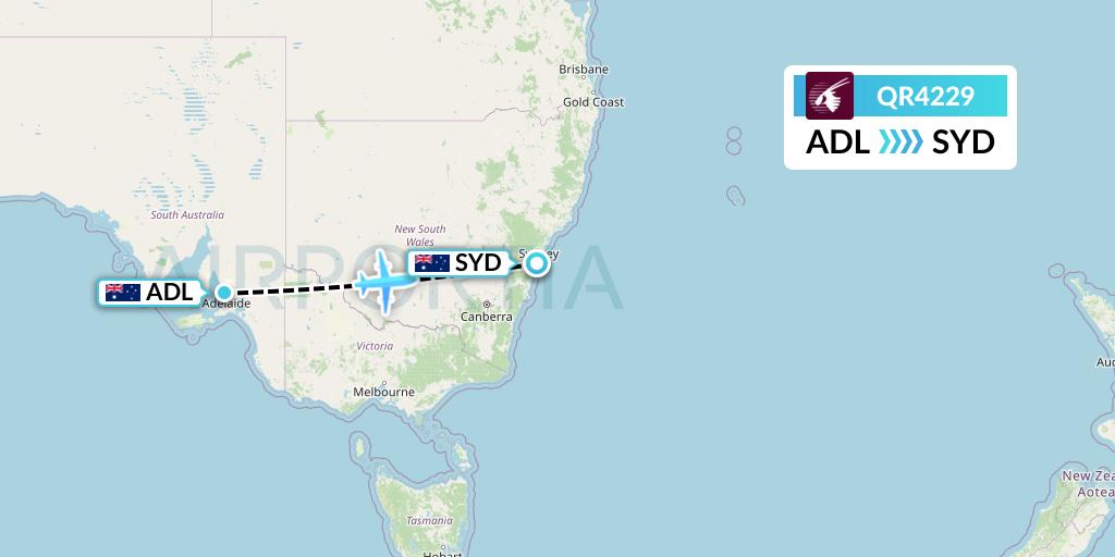 QR4229 Qatar Airways Flight Map: Adelaide to Sydney