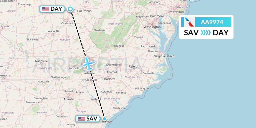 AA9974 American Airlines Flight Map: Savannah to Dayton
