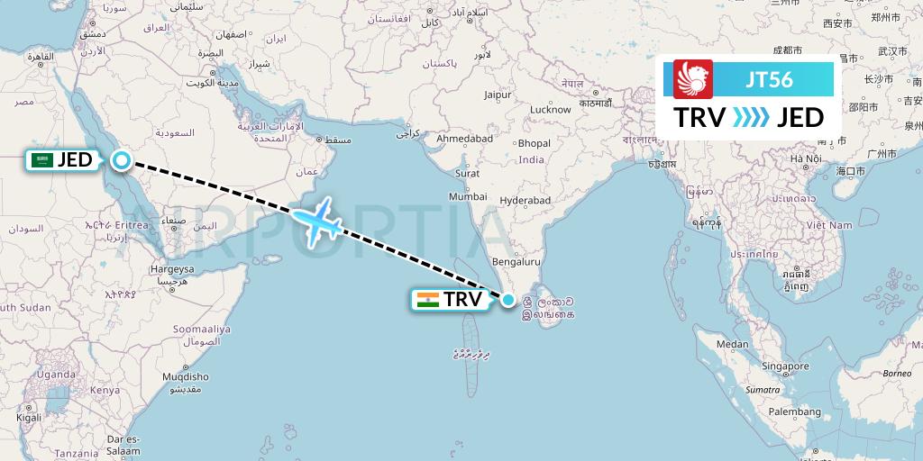 JT56 Lion Airlines Flight Map: Thiruvananthapuram to Jeddah