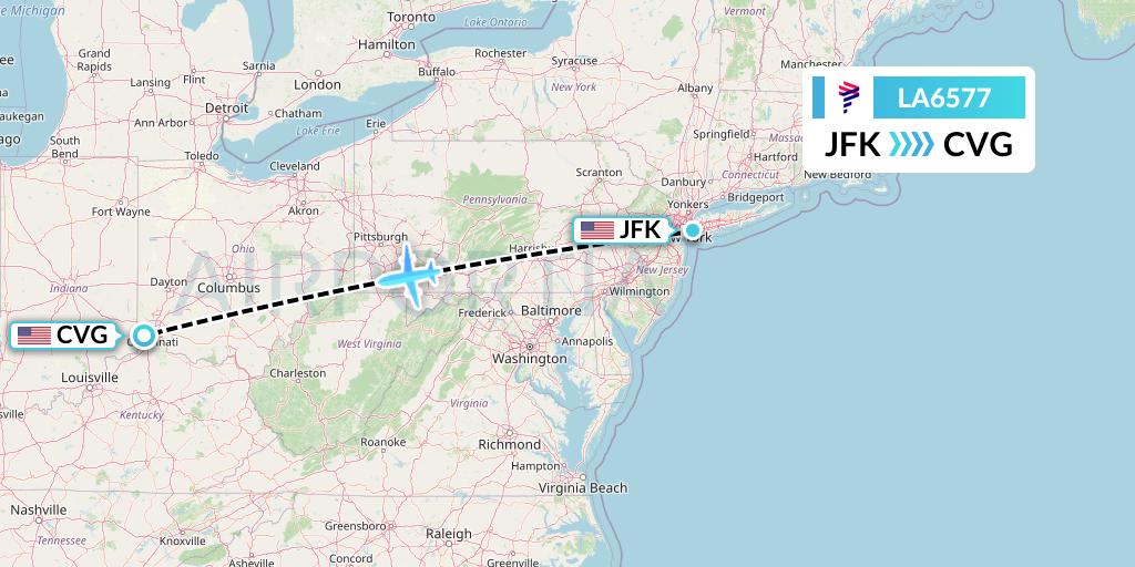 LA6577 LAN Airlines Flight Map: New York to Cincinnati