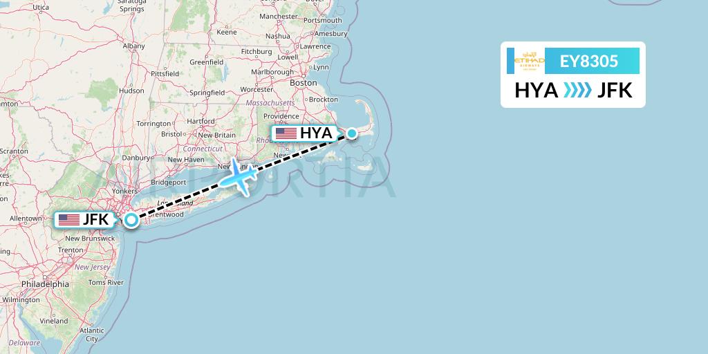 EY8305 Etihad Airways Flight Map: Hyannis to New York