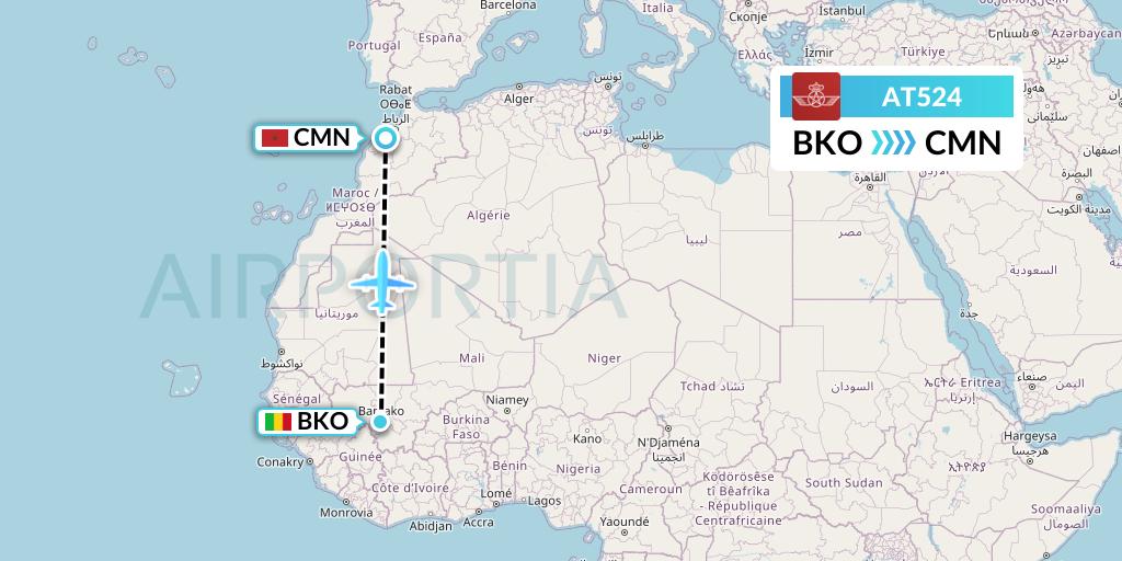 AT524 Royal Air Maroc Flight Map: Bamako to Casablanca