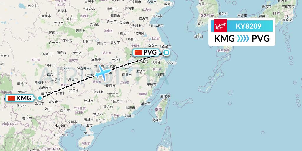 KY8209 Kunming Airlines Flight Map: Kunming to Shanghai