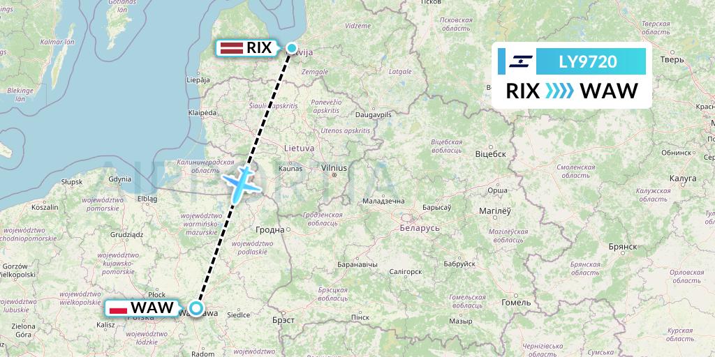 LY9720 El Al Flight Map: Riga to Warsaw