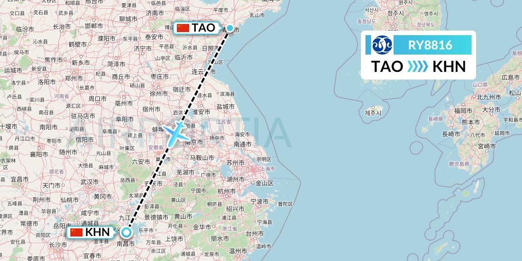 RY8816 Jiangxi Air Flight Map: Qingdao to Nanchang