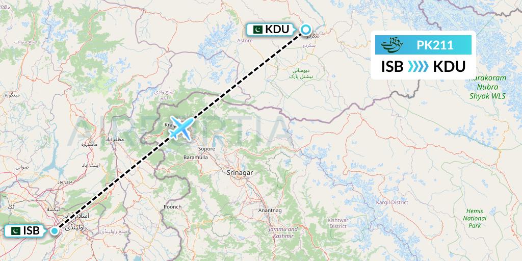 PK211 Pakistan International Airlines Flight Map: Islamabad to Skardu