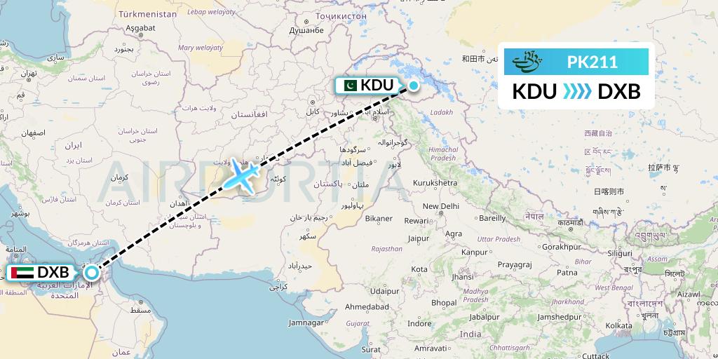 PK211 Pakistan International Airlines Flight Map: Skardu to Dubai