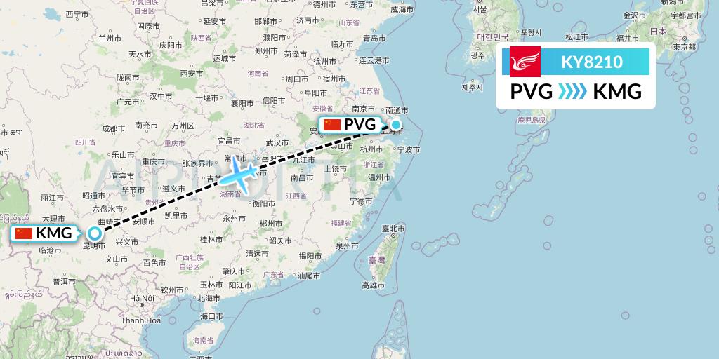 KY8210 Kunming Airlines Flight Map: Shanghai to Kunming