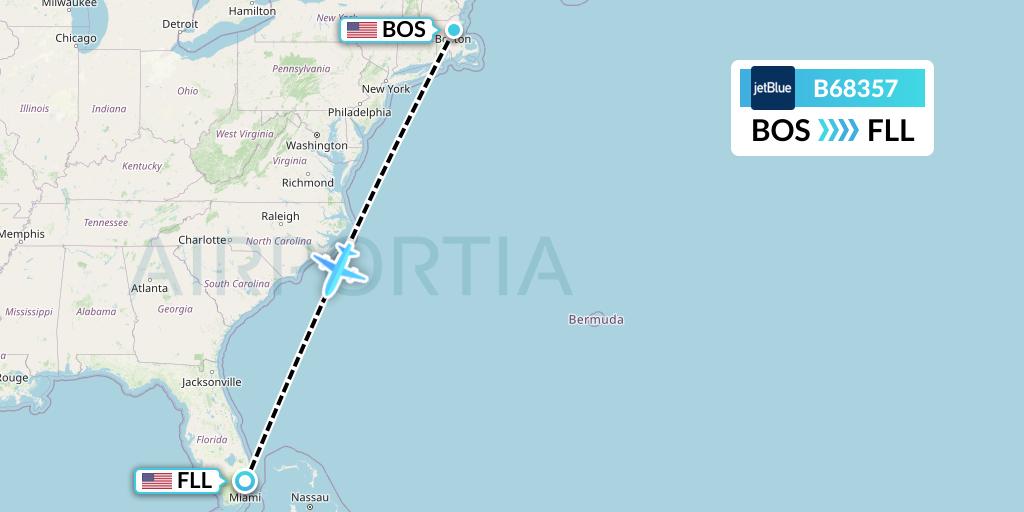 B68357 JetBlue Airways Flight Map: Boston to Fort Lauderdale