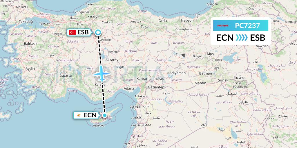 PC7237 Pegasus Airlines Flight Map: Tymvou to Ankara