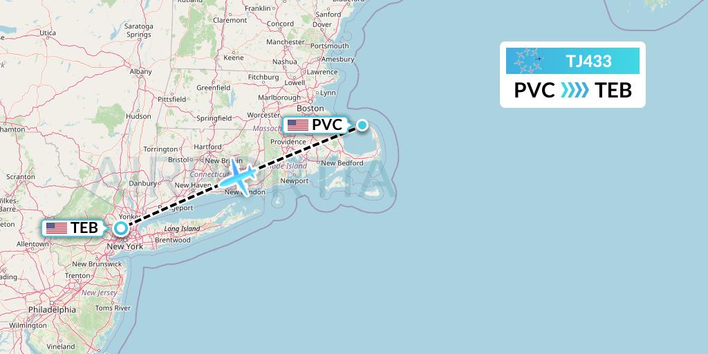 TJ433 Tradewind Aviation Flight Map: Provincetown to Teterboro