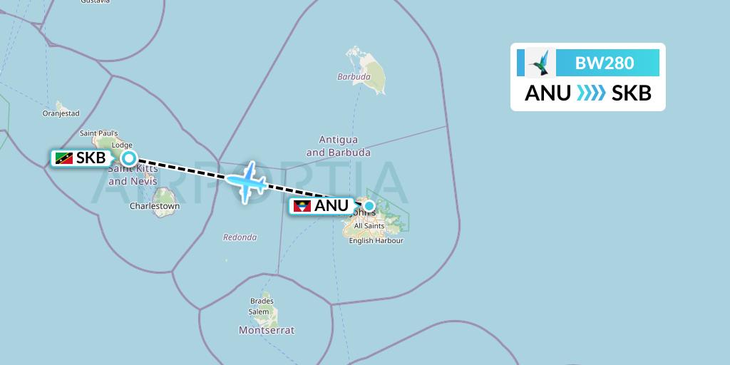 BW280 Caribbean Airlines Flight Map: Antigua to Basseterre
