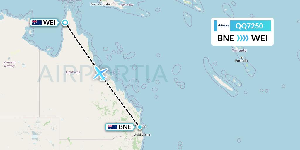 QQ7250 Alliance Airlines Flight Map: Brisbane to Weipa
