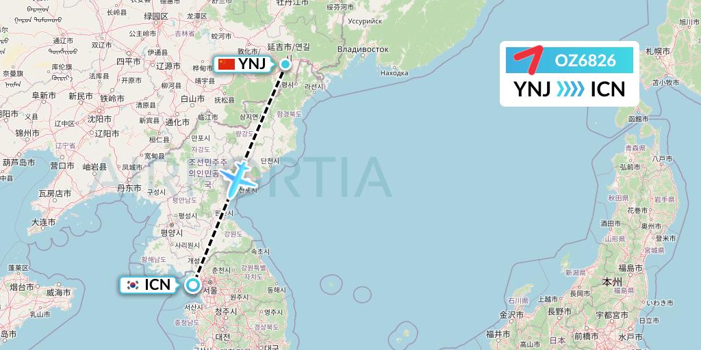 OZ6826 Asiana Airlines Flight Map: Yanji to Seoul