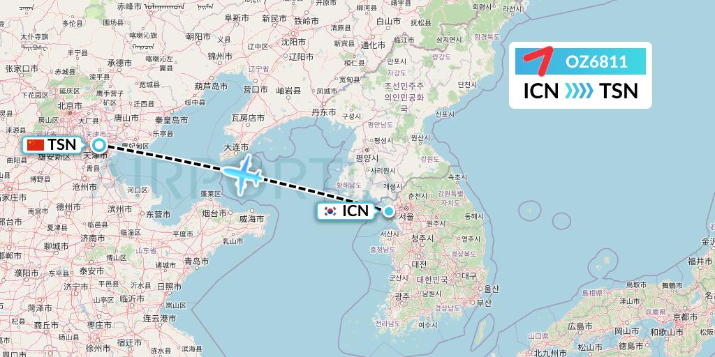 OZ6811 Asiana Airlines Flight Map: Seoul to Tianjin