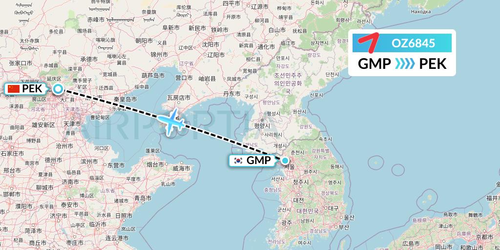 OZ6845 Asiana Airlines Flight Map: Seoul to Beijing