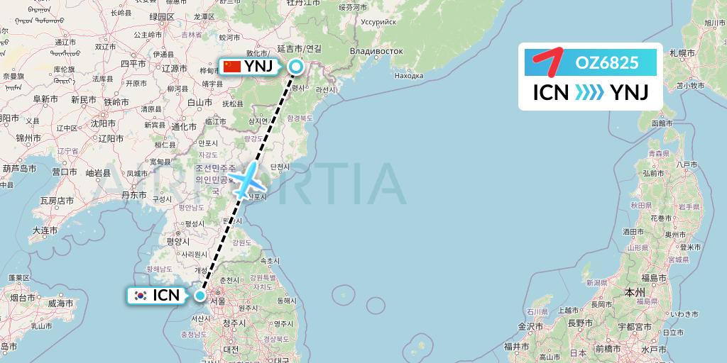 OZ6825 Asiana Airlines Flight Map: Seoul to Yanji