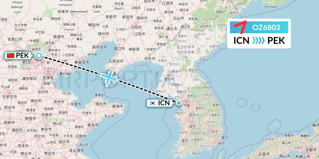 OZ6803 Asiana Airlines Flight Map: Seoul to Beijing