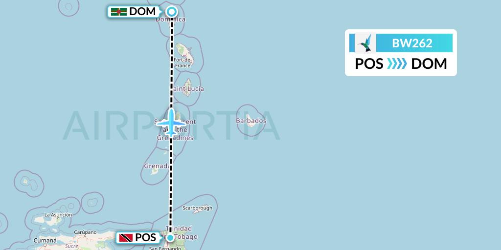 BW262 Caribbean Airlines Flight Map: Port of Spain to Dominica