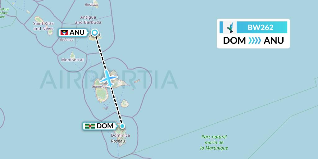 BW262 Caribbean Airlines Flight Map: Dominica to Antigua