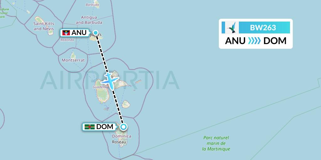 BW263 Caribbean Airlines Flight Map: Antigua to Dominica