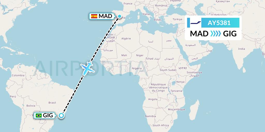 AY5381 Finnair Flight Map: Madrid to Rio de Janeiro