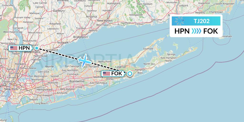 TJ202 Tradewind Aviation Flight Map: White Plains to Westhampton Beach