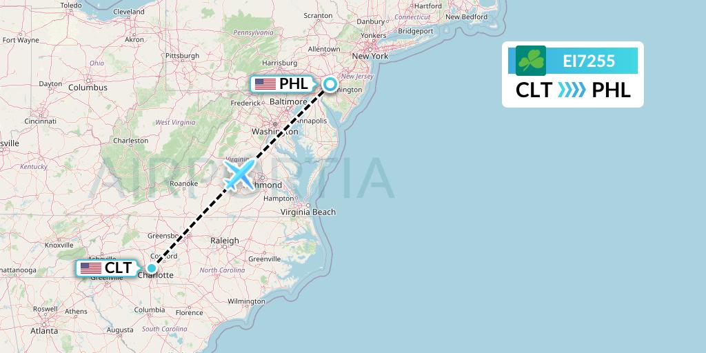 EI7255 Aer Lingus Flight Map: Charlotte to Philadelphia