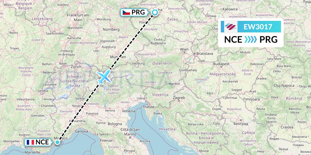 EW3017 Eurowings Flight Map: Nice to Prague