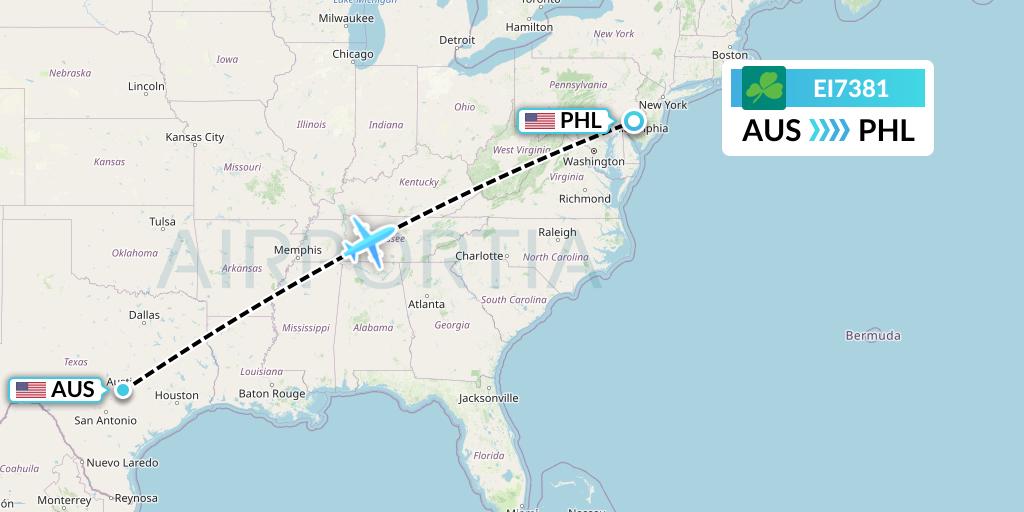EI7381 Aer Lingus Flight Map: Austin to Philadelphia