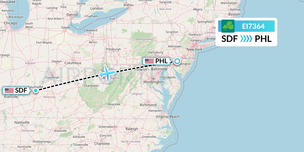 EI7364 Aer Lingus Flight Map: Louisville to Philadelphia