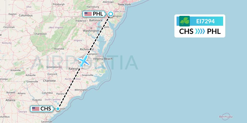 EI7294 Aer Lingus Flight Map: Charleston to Philadelphia