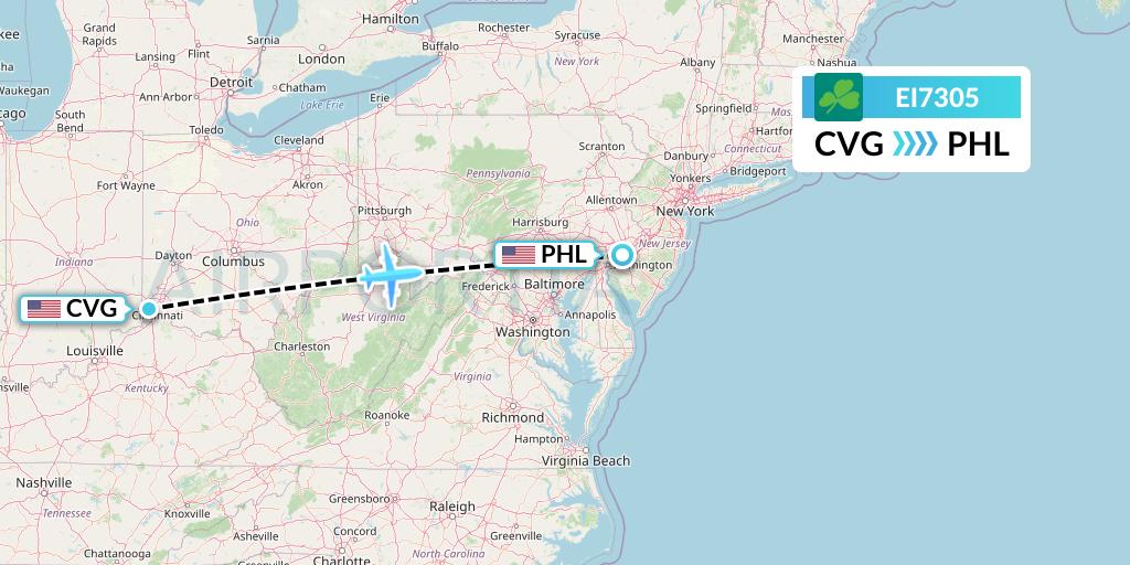 EI7305 Aer Lingus Flight Map: Cincinnati to Philadelphia
