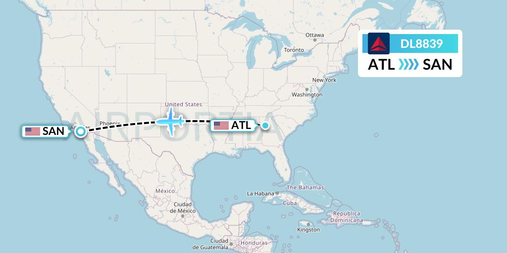 DL8839 Delta Air Lines Flight Map: Atlanta to San Diego