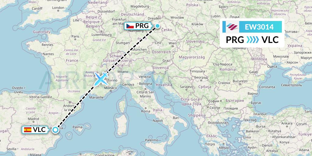 EW3014 Eurowings Flight Map: Prague to Valencia