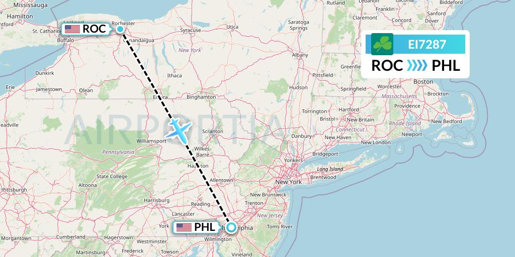 EI7287 Aer Lingus Flight Map: Rochester to Philadelphia