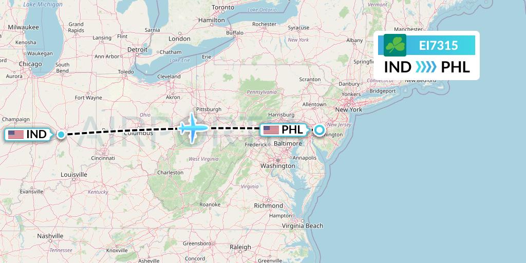 EI7315 Aer Lingus Flight Map: Indianapolis to Philadelphia