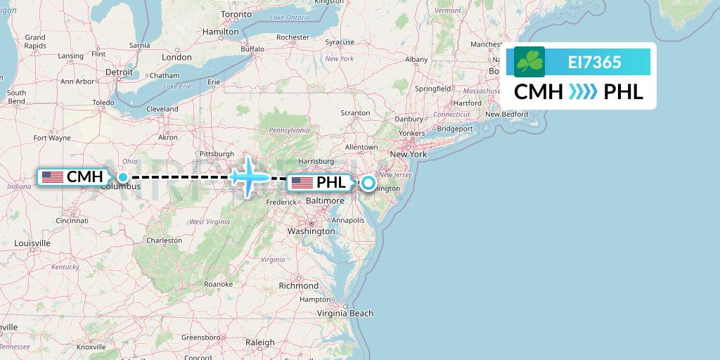EI7365 Aer Lingus Flight Map: Columbus to Philadelphia