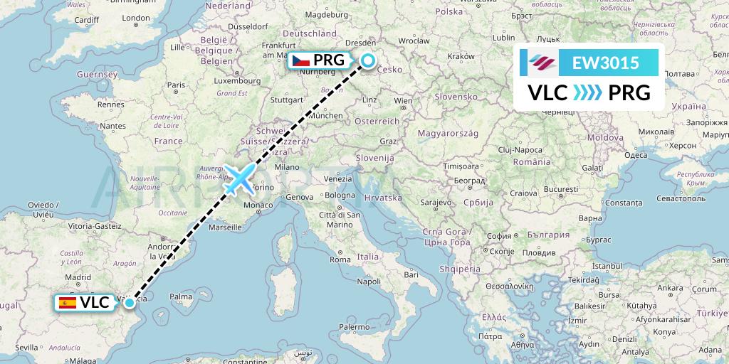 EW3015 Eurowings Flight Map: Valencia to Prague