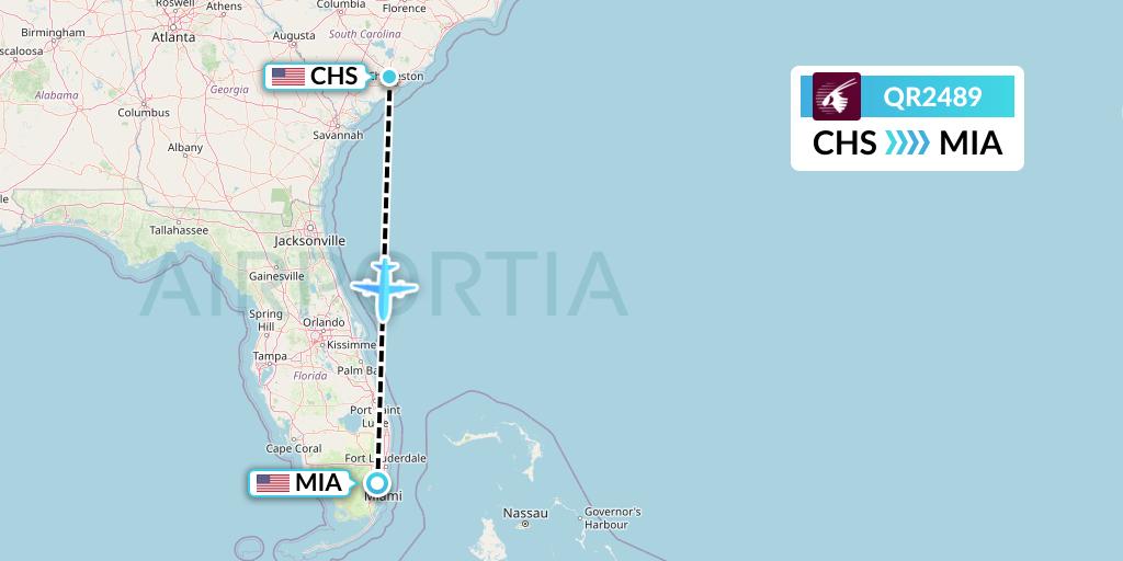 QR2489 Qatar Airways Flight Map: Charleston to Miami