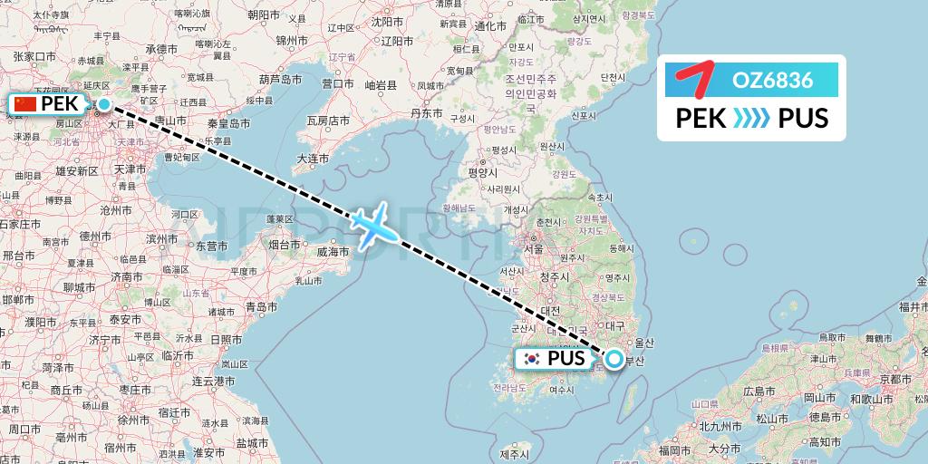 OZ6836 Asiana Airlines Flight Map: Beijing to Busan