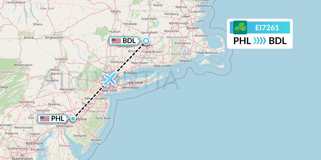 EI7261 Aer Lingus Flight Map: Philadelphia to Windsor Locks