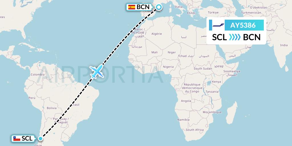 AY5386 Finnair Flight Map: Santiago to Barcelona
