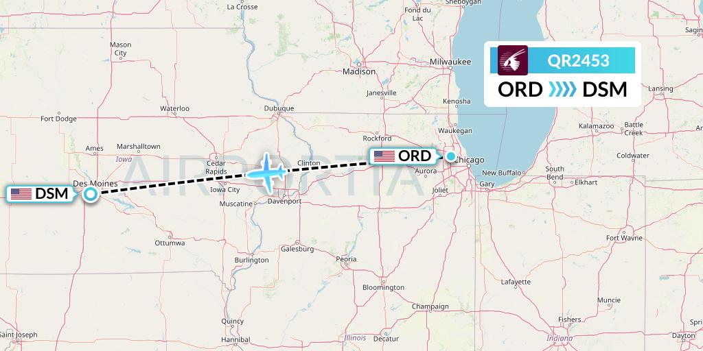 QR2453 Qatar Airways Flight Map: Chicago to Des Moines