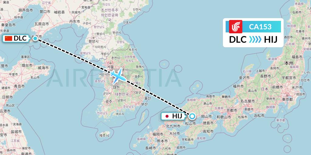 CA153 Air China Flight Map: Dalian to Hiroshima