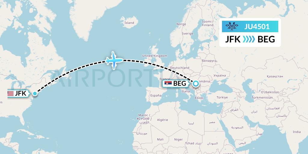 JU4501 AirSERBIA Flight Map: New York to Belgrade