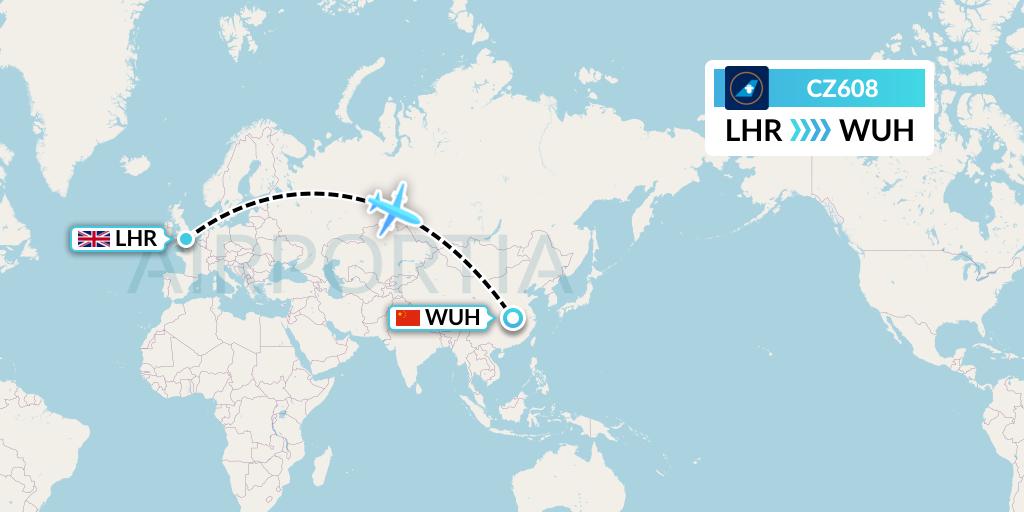 CZ608 China Southern Airlines Flight Map: London to Wuhan