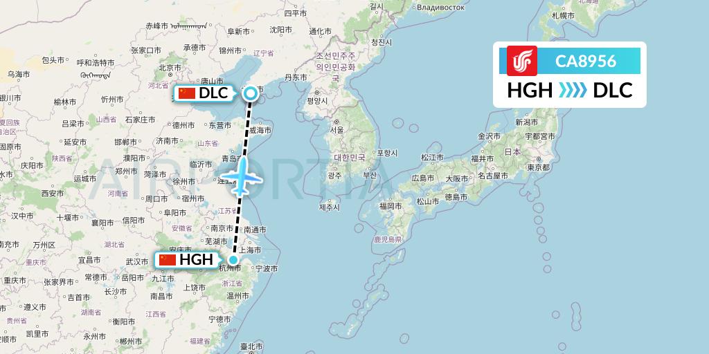 CA8956 Air China Flight Map: Hangzhou to Dalian