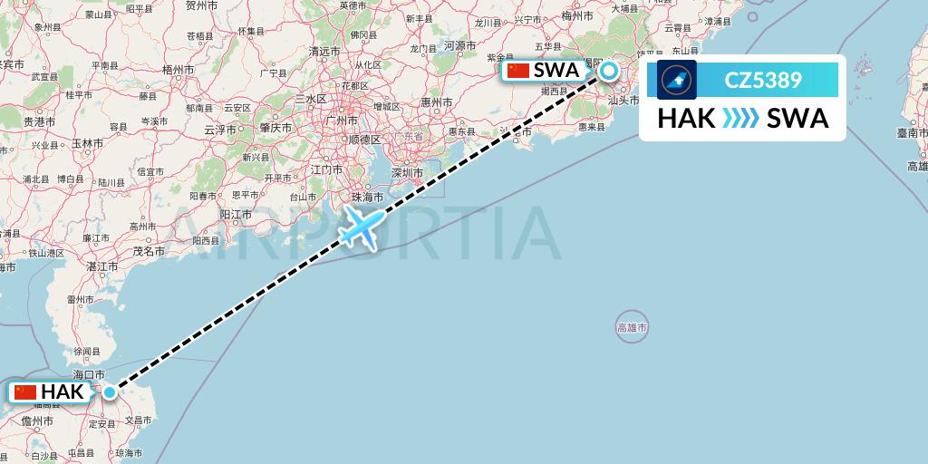 CZ5389 China Southern Airlines Flight Map: Haikou to Jieyang